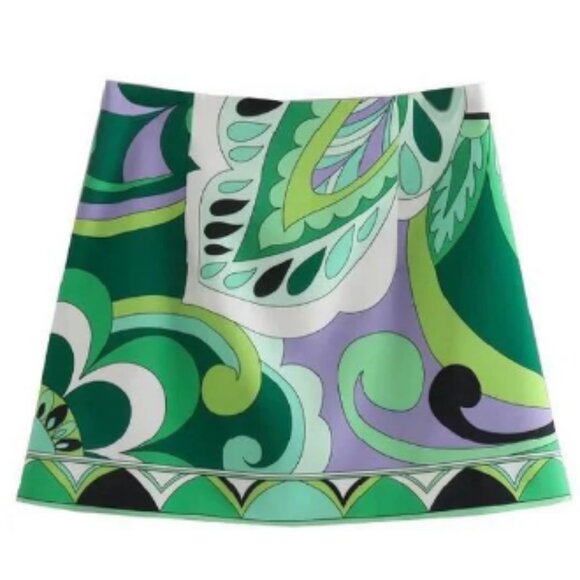 NWT Zara Green Blue Purple Paisley Print Mini Skirt (Pucci Style) - Picture 2 of 4